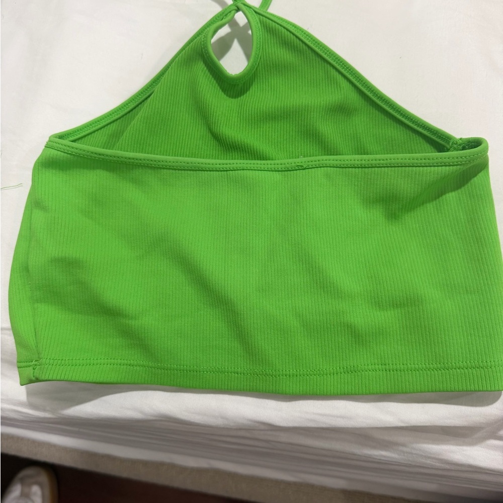 Bright Green Ribbed Halter Crop Top - Picture 3 of 3